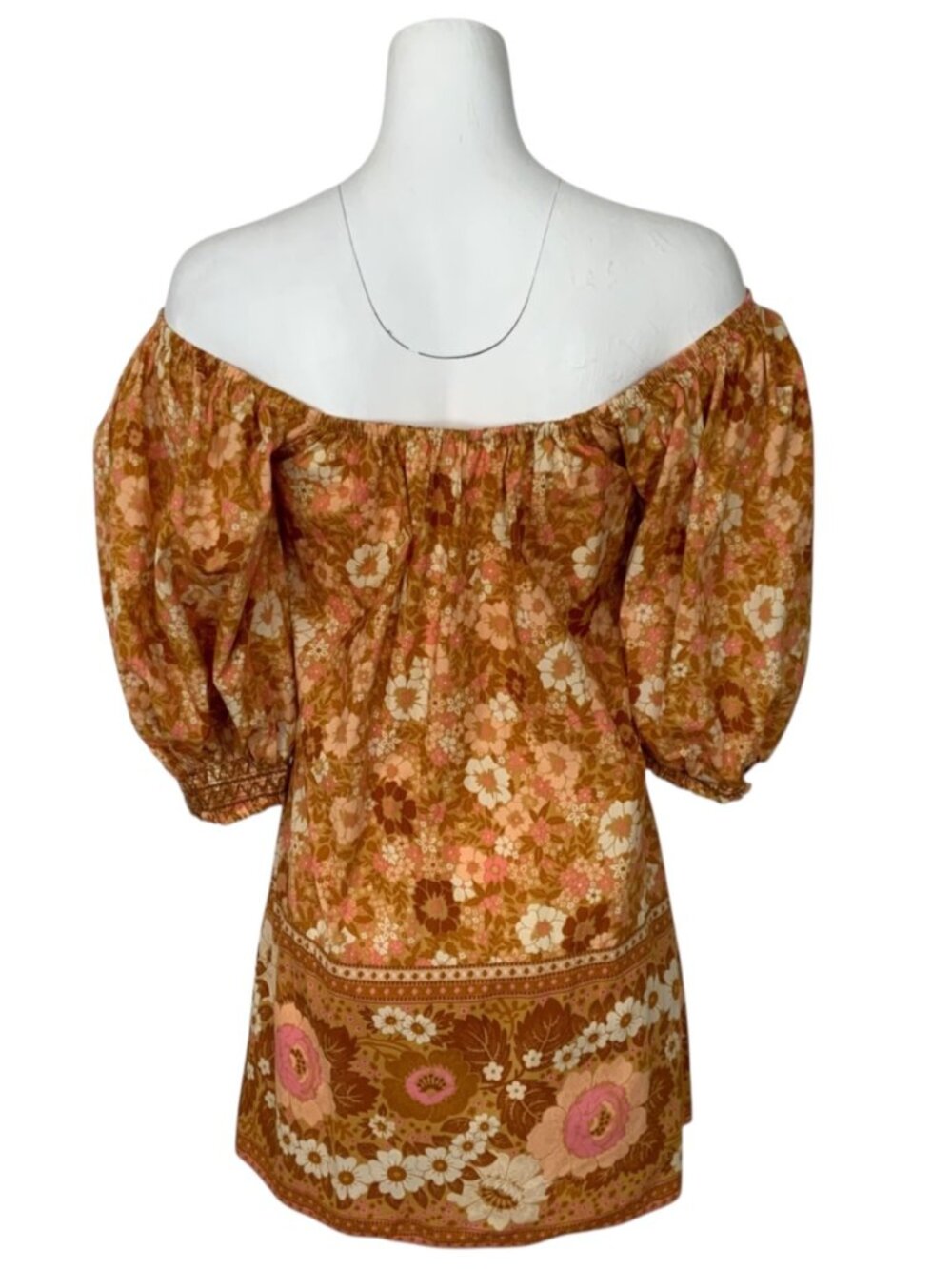 Spell and The Gypsy Anne Tunic Dress M Tan Floral Mini Off The Shoulder - Picture 9 of 16